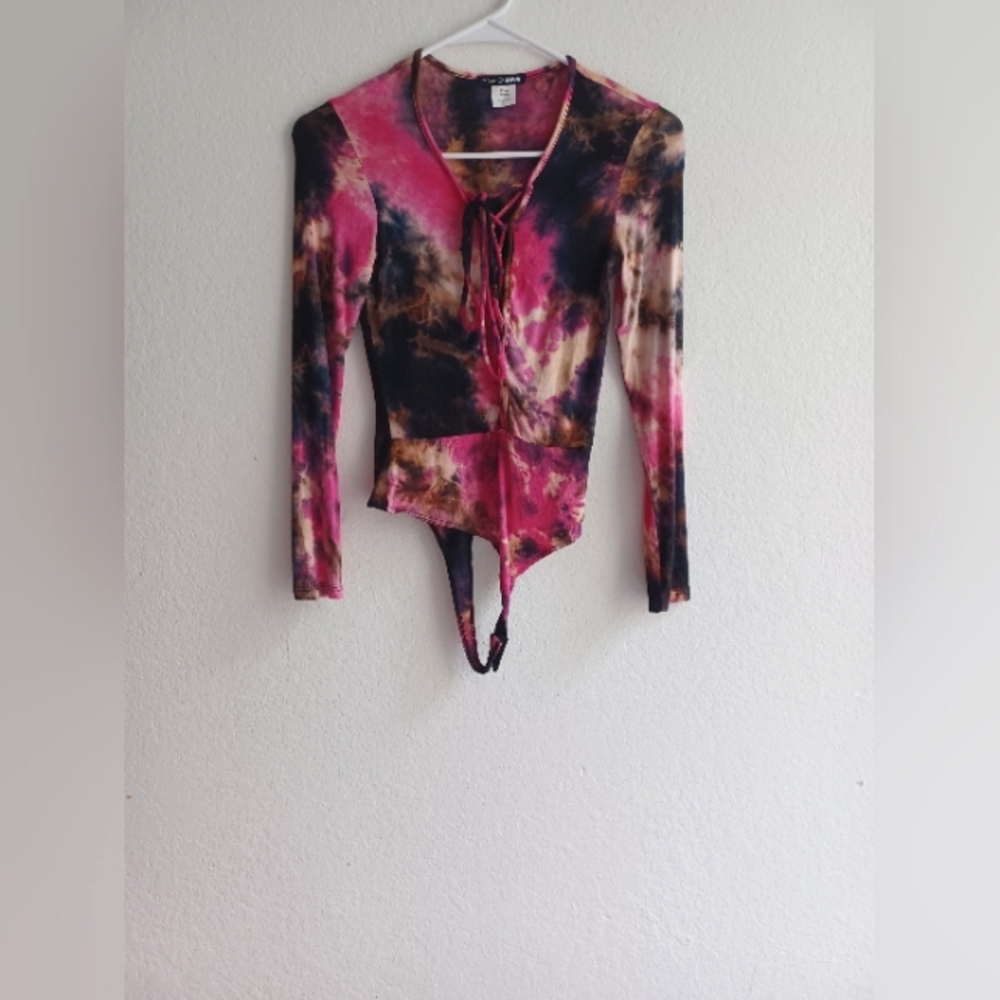 Fashion Nova multicolor pink purple bodysuit with front lace up, Small, like new